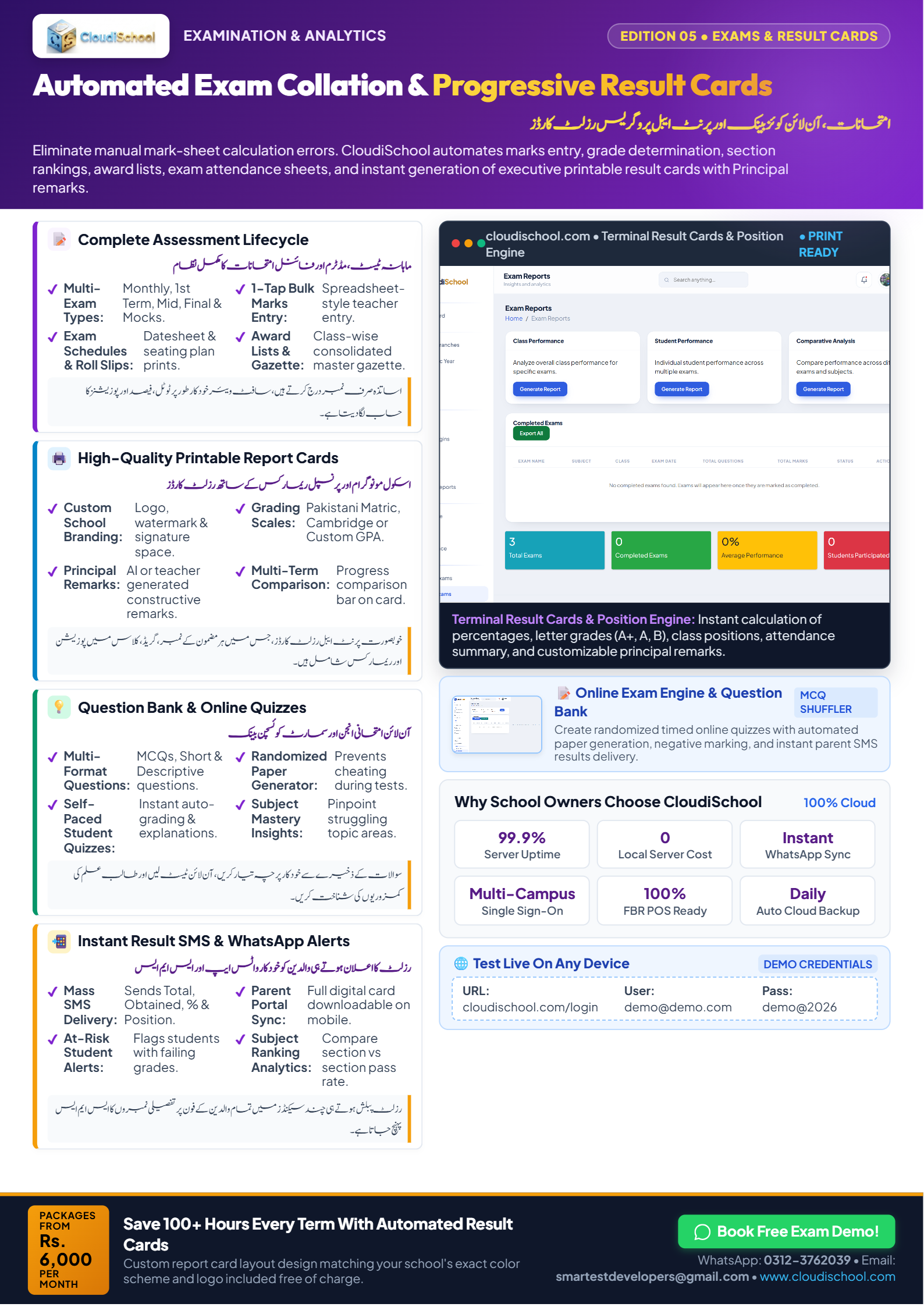 Page 5: CloudiSchool Exams, Question Bank and Result Cards