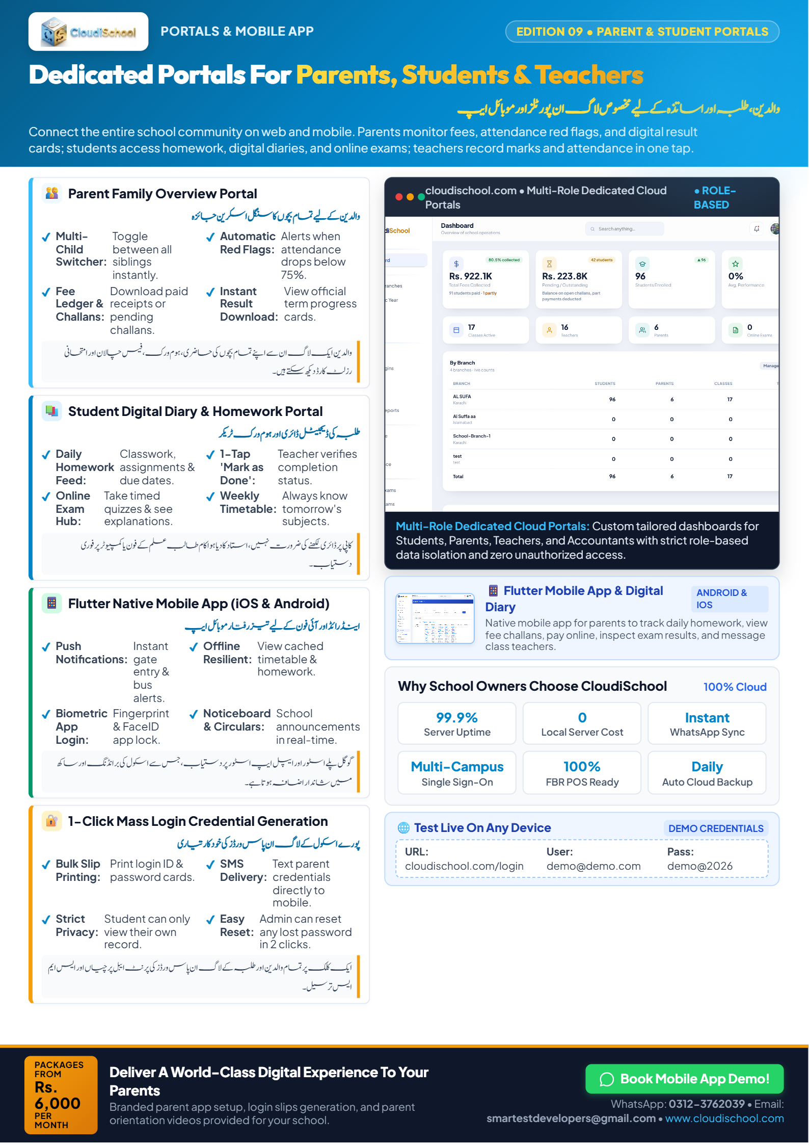 Page 9: CloudiSchool Dedicated Portals for Student, Parent and Teacher