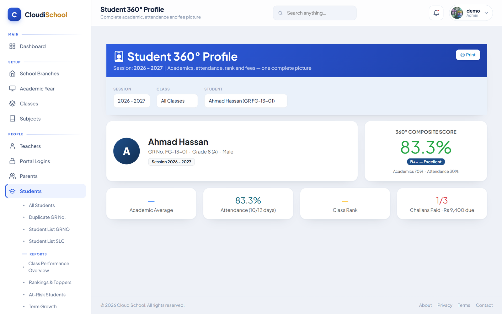 CloudiSchool Student 360 Information System and Profile View