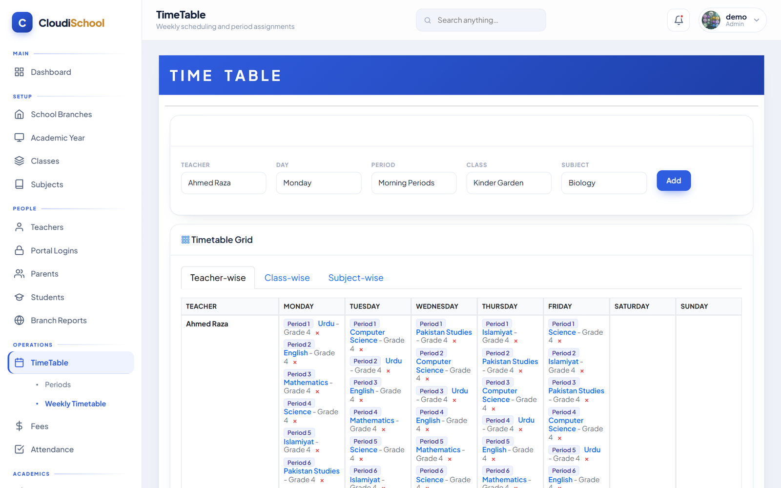 CloudiSchool Conflict-Free Drag-and-Drop Weekly Timetable Scheduler